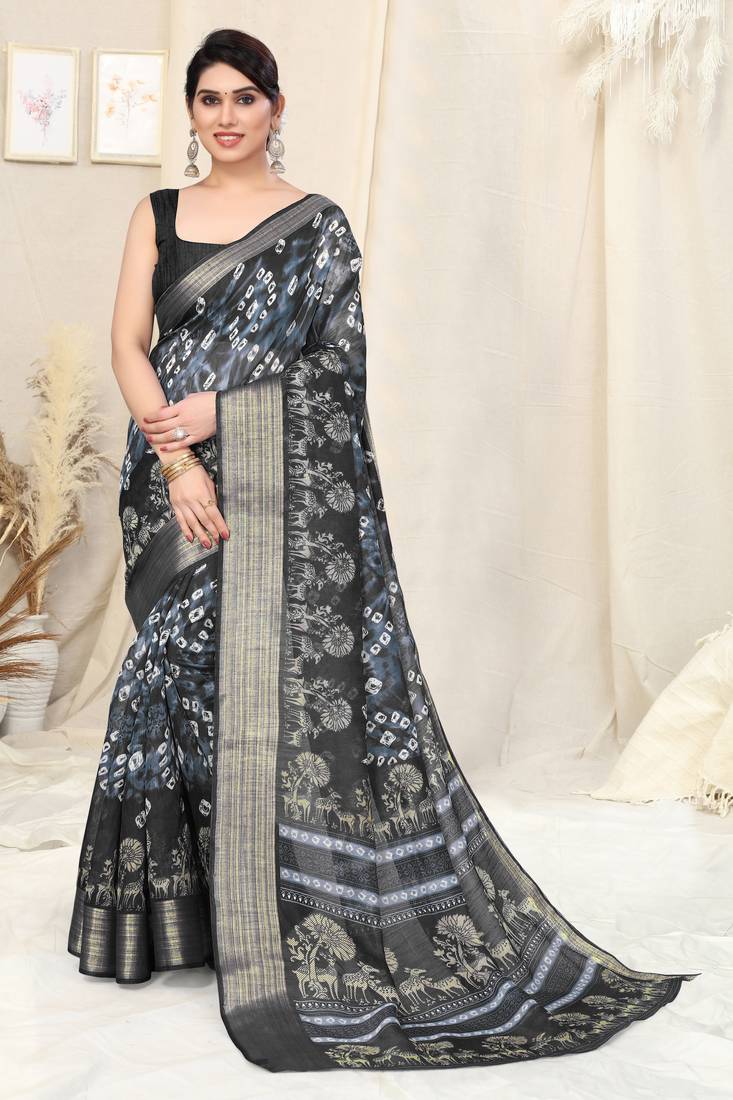 Grey printed cotton saree with blouse