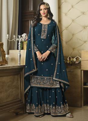 Turquoise Sequence Embroidery Festive Gharara Style Suit 1