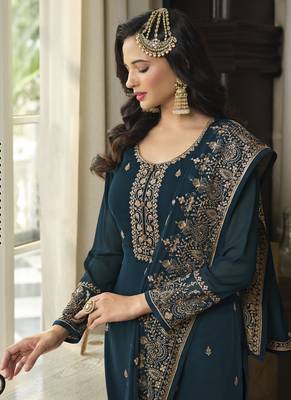 Turquoise Sequence Embroidery Festive Gharara Style Suit 3