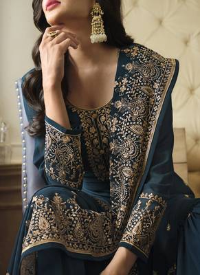 Turquoise Sequence Embroidery Festive Gharara Style Suit 4