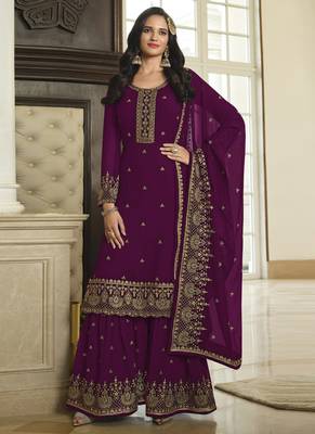 Wine Sequence Embroidery Festive Gharara Style Suit 1