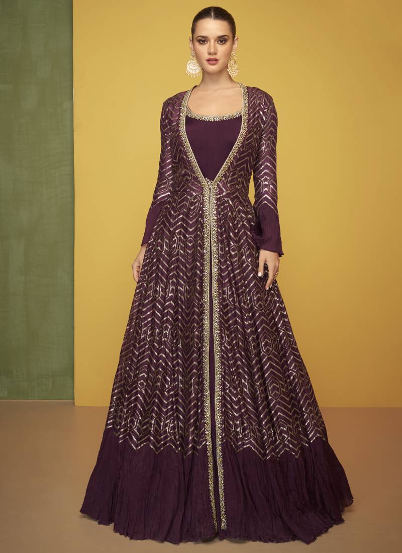 Maroon Embroidery Jacket Style Anarkali Gown