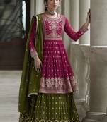 Pink And Green Embroidery Peplum Anarkali Lehenga