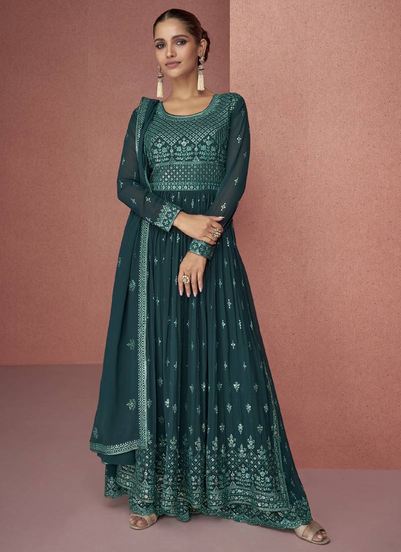 Teal Heavy Trendy Designer Readymade Palazzo Suit With Embroidery Work main image 0