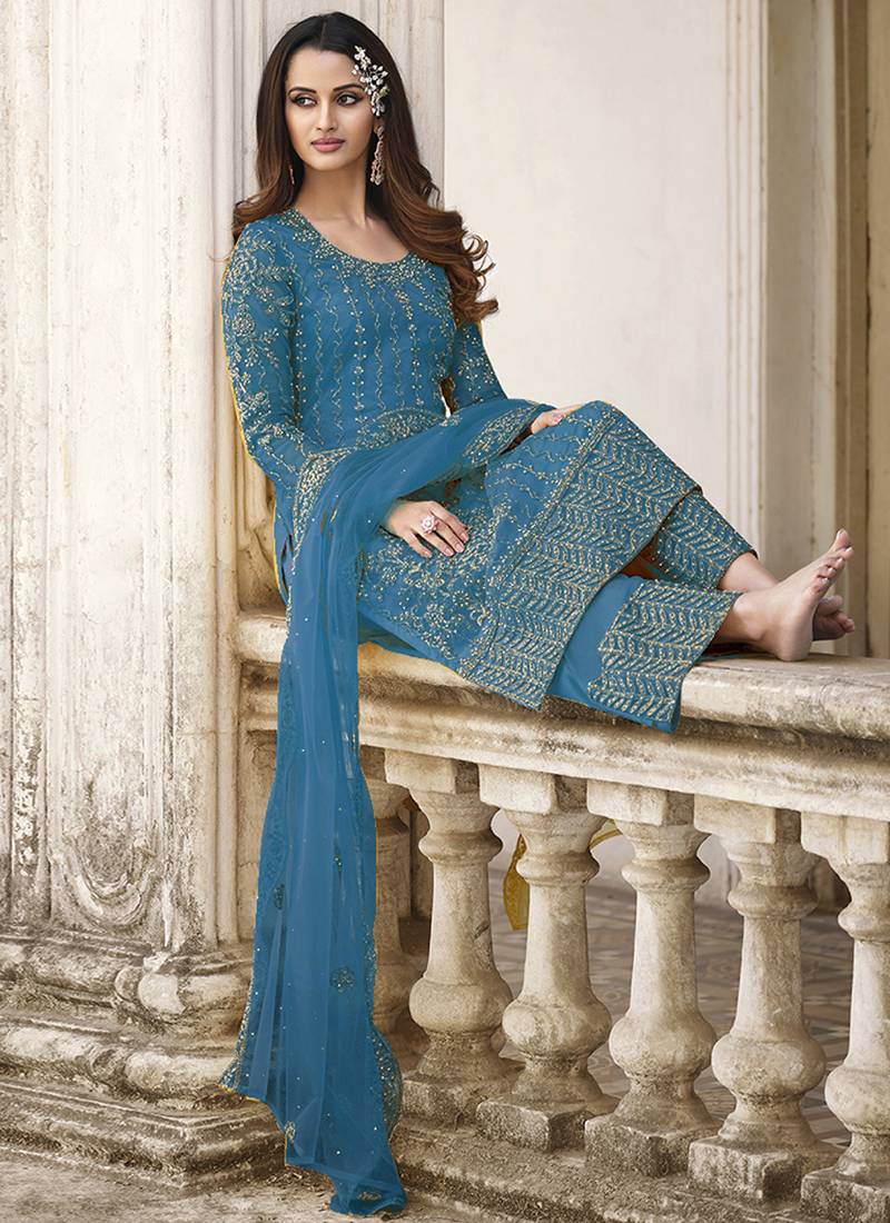 Aqua Blue Pakistani Designer Pant Style Suit - Vasu Sarees - 4088723