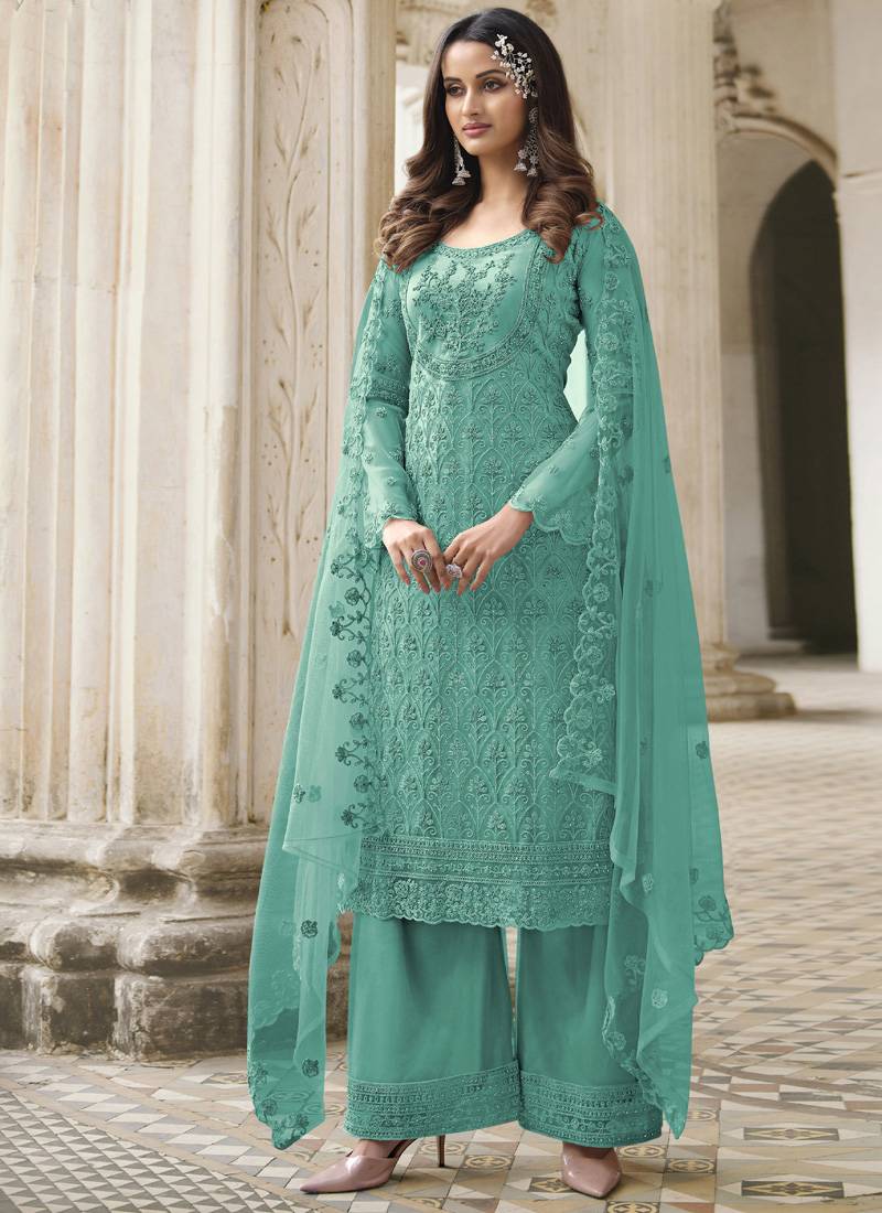 Turquoise Pakistani Designer Pant Style Suit