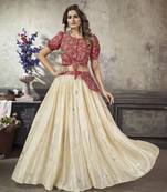 OFF WHITE THREAD AND SEQUINS EMBROIDERED WITH PRINT WORK ART SILK FESTIVE & PARTY WEAR STITCHED LEHENGA
