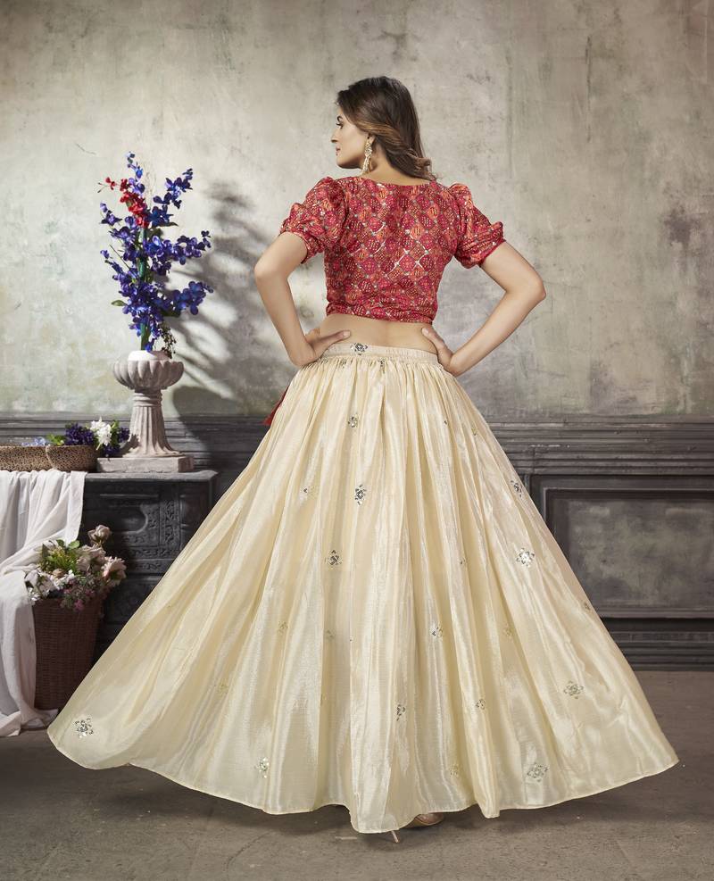 OFF WHITE THREAD AND SEQUINS EMBROIDERED WITH PRINT WORK ART SILK FESTIVE & PARTY WEAR STITCHED LEHENGA