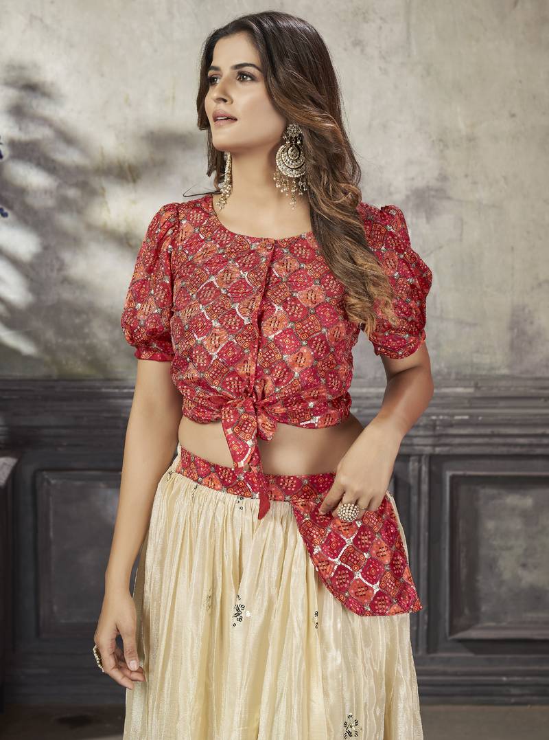 OFF WHITE THREAD AND SEQUINS EMBROIDERED WITH PRINT WORK ART SILK FESTIVE & PARTY WEAR STITCHED LEHENGA