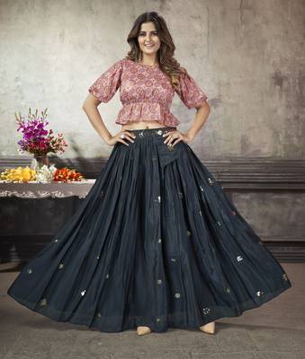 NAVY BLUE THREAD AND SEQUINS EMBROIDERED WITH PRINT WORK ART SILK FESTIVE & PARTY WEAR STITCHED LEHENGA 1