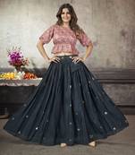 NAVY BLUE THREAD AND SEQUINS EMBROIDERED WITH PRINT WORK ART SILK FESTIVE & PARTY WEAR STITCHED LEHENGA