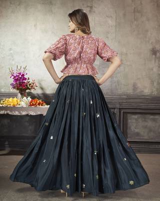 NAVY BLUE THREAD AND SEQUINS EMBROIDERED WITH PRINT WORK ART SILK FESTIVE & PARTY WEAR STITCHED LEHENGA 2