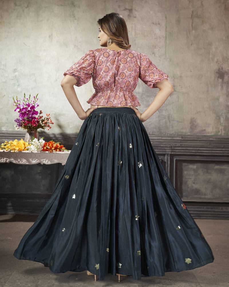 NAVY BLUE THREAD AND SEQUINS EMBROIDERED WITH PRINT WORK ART SILK FESTIVE & PARTY WEAR STITCHED LEHENGA