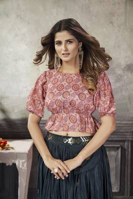 NAVY BLUE THREAD AND SEQUINS EMBROIDERED WITH PRINT WORK ART SILK FESTIVE & PARTY WEAR STITCHED LEHENGA 3