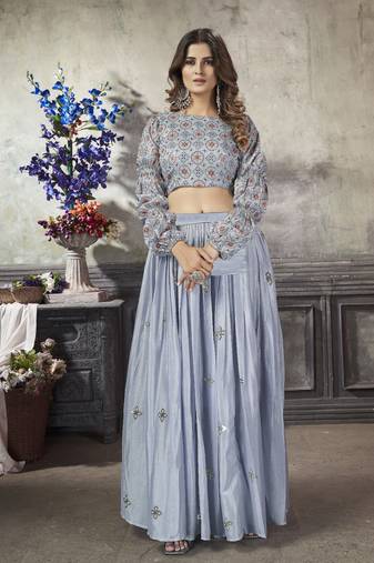 SKY BLUE THREAD AND SEQUINS EMBROIDERED WITH PRINT WORK ART SILK FESTIVE & PARTY WEAR STITCHED LEHENGA