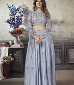 SKY BLUE THREAD AND SEQUINS EMBROIDERED WITH PRINT WORK ART SILK FESTIVE & PARTY WEAR STITCHED LEHENGA