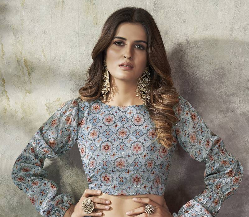 SKY BLUE THREAD AND SEQUINS EMBROIDERED WITH PRINT WORK ART SILK FESTIVE & PARTY WEAR STITCHED LEHENGA