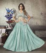 SEA GREEN THREAD AND SEQUINS EMBROIDERED WITH PRINT WORK ART SILK FESTIVE & PARTY WEAR STITCHED LEHENGA