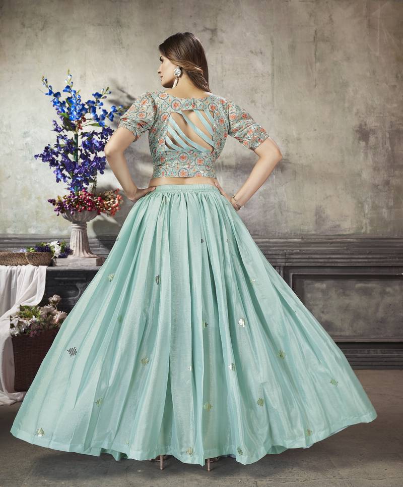 SEA GREEN THREAD AND SEQUINS EMBROIDERED WITH PRINT WORK ART SILK FESTIVE & PARTY WEAR STITCHED LEHENGA
