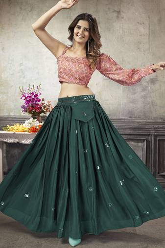 GREEN THREAD AND SEQUINS EMBROIDERED WITH PRINT WORK ART SILK FESTIVE & PARTY WEAR STITCHED LEHENGA