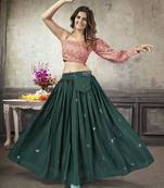 GREEN THREAD AND SEQUINS EMBROIDERED WITH PRINT WORK ART SILK FESTIVE & PARTY WEAR STITCHED LEHENGA