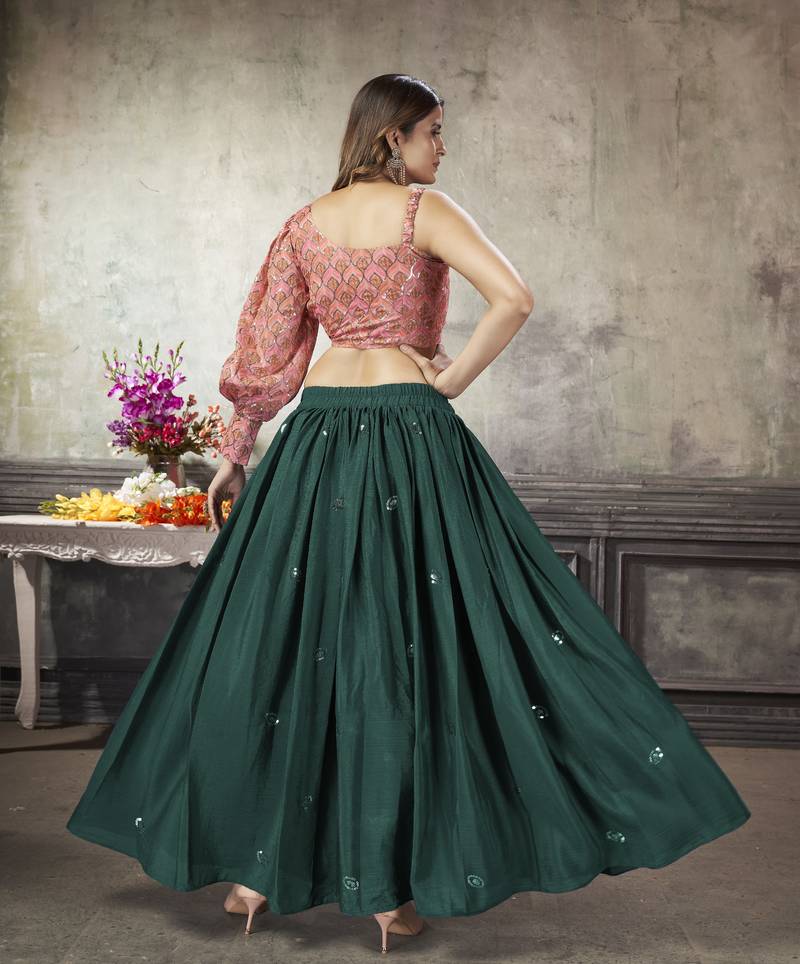 GREEN THREAD AND SEQUINS EMBROIDERED WITH PRINT WORK ART SILK FESTIVE & PARTY WEAR STITCHED LEHENGA