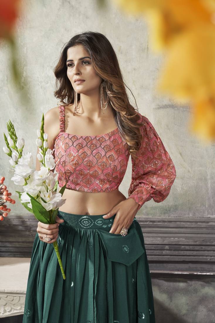 GREEN THREAD AND SEQUINS EMBROIDERED WITH PRINT WORK ART SILK FESTIVE & PARTY WEAR STITCHED LEHENGA
