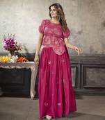 RANI PINK THREAD AND SEQUINS EMBROIDERED WITH PRINT WORK ART SILK FESTIVE & PARTY WEAR STITCHED LEHENGA