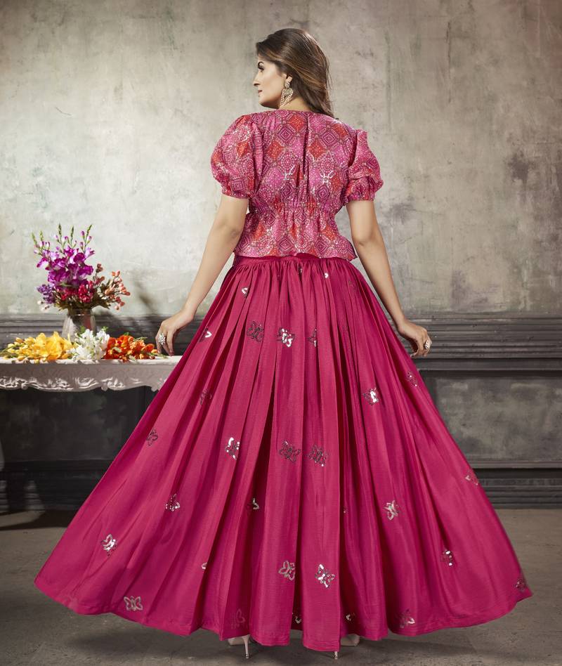 RANI PINK THREAD AND SEQUINS EMBROIDERED WITH PRINT WORK ART SILK FESTIVE & PARTY WEAR STITCHED LEHENGA