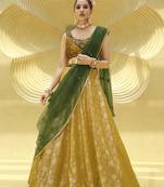 MUSTARD GREEN PRINT WITH SEQUINS EMBROIDERED GEORGETTE FESTIVE BRIDAL WEDDING & PARTY WEAR SEMI STITCHED LEHENGA CHOLI