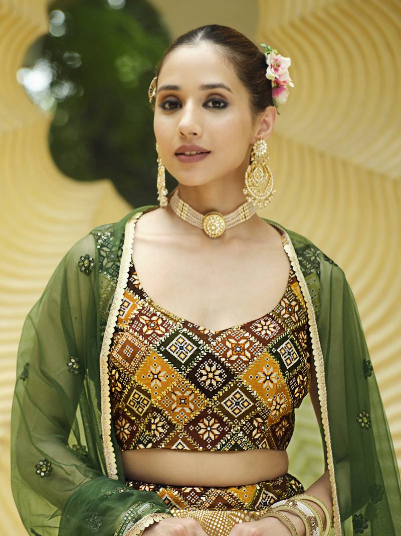 MUSTARD GREEN PRINT WITH SEQUINS EMBROIDERED GEORGETTE FESTIVE BRIDAL WEDDING & PARTY WEAR SEMI STITCHED LEHENGA CHOLI