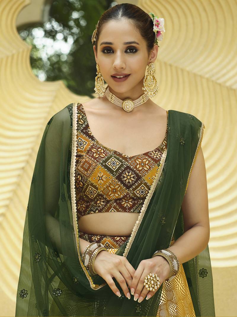 MUSTARD GREEN PRINT WITH SEQUINS EMBROIDERED GEORGETTE FESTIVE BRIDAL WEDDING & PARTY WEAR SEMI STITCHED LEHENGA CHOLI