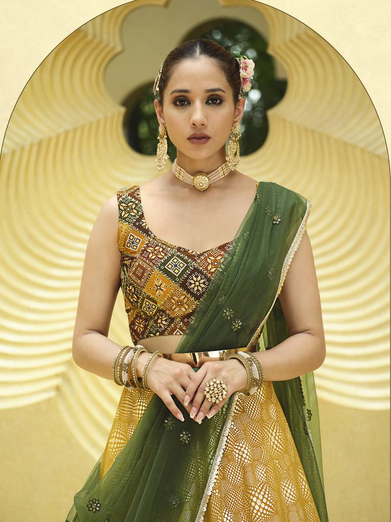 MUSTARD GREEN PRINT WITH SEQUINS EMBROIDERED GEORGETTE FESTIVE BRIDAL WEDDING & PARTY WEAR SEMI STITCHED LEHENGA CHOLI