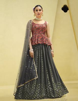 GREY PRINT WITH SEQUINS EMBROIDERED CHINON SILK FESTIVE BRIDAL WEDDING & PARTY WEAR SEMI STITCHED LEHENGA CHOLI 1