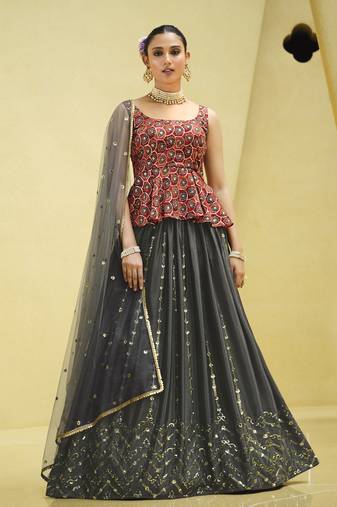 GREY PRINT WITH SEQUINS EMBROIDERED CHINON SILK FESTIVE BRIDAL WEDDING & PARTY WEAR SEMI STITCHED LEHENGA CHOLI