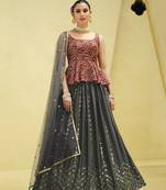 GREY PRINT WITH SEQUINS EMBROIDERED CHINON SILK FESTIVE BRIDAL WEDDING & PARTY WEAR SEMI STITCHED LEHENGA CHOLI