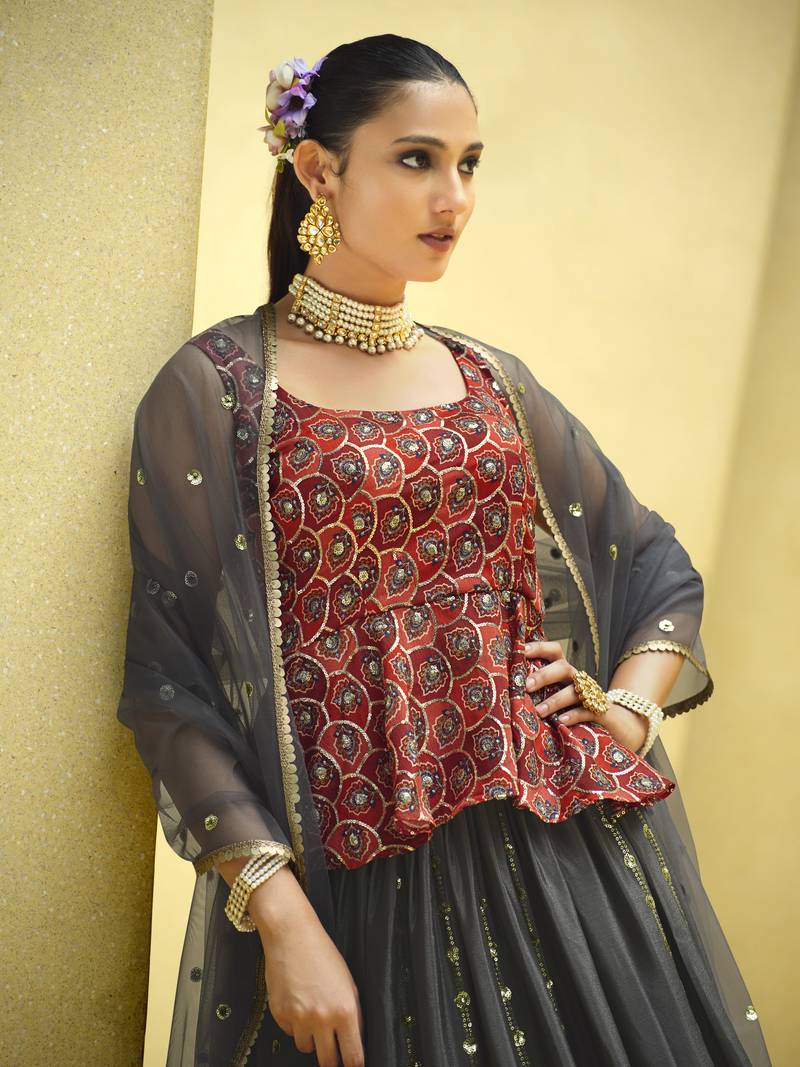 GREY PRINT WITH SEQUINS EMBROIDERED CHINON SILK FESTIVE BRIDAL WEDDING & PARTY WEAR SEMI STITCHED LEHENGA CHOLI