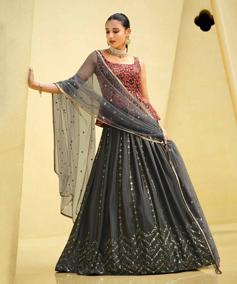 GREY PRINT WITH SEQUINS EMBROIDERED CHINON SILK FESTIVE BRIDAL WEDDING & PARTY WEAR SEMI STITCHED LEHENGA CHOLI