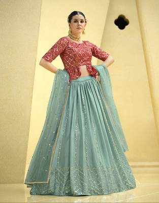 SKY BLUE PRINT WITH SEQUINS EMBROIDERED CHINON SILK FESTIVE BRIDAL WEDDING & PARTY WEAR SEMI STITCHED LEHENGA CHOLI 1