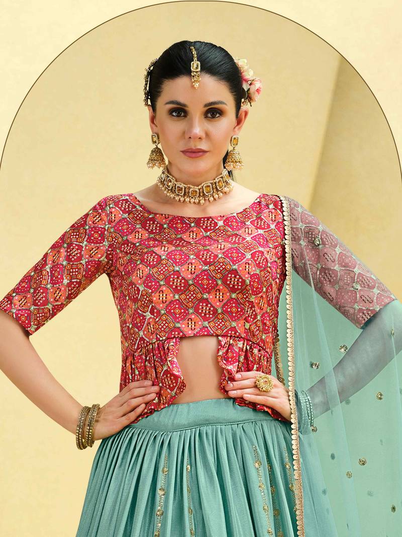 SKY BLUE PRINT WITH SEQUINS EMBROIDERED CHINON SILK FESTIVE BRIDAL WEDDING & PARTY WEAR SEMI STITCHED LEHENGA CHOLI