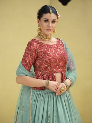 SKY BLUE PRINT WITH SEQUINS EMBROIDERED CHINON SILK FESTIVE BRIDAL WEDDING & PARTY WEAR SEMI STITCHED LEHENGA CHOLI 3