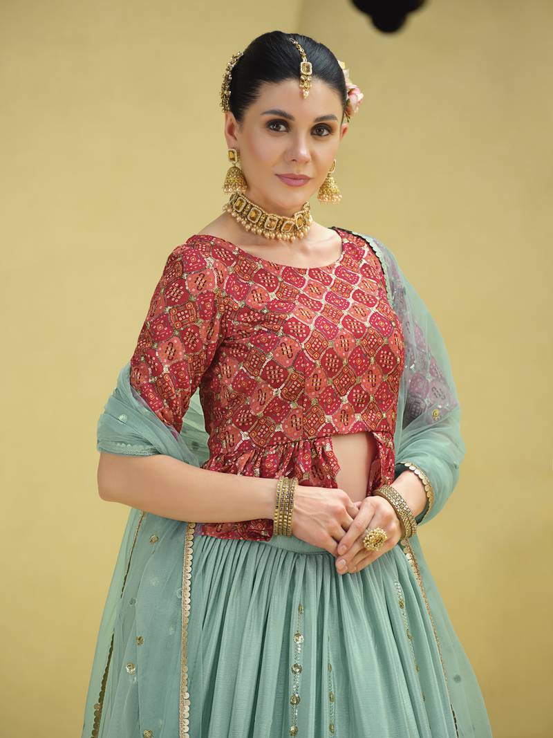 SKY BLUE PRINT WITH SEQUINS EMBROIDERED CHINON SILK FESTIVE BRIDAL WEDDING & PARTY WEAR SEMI STITCHED LEHENGA CHOLI