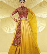 YELLOW PRINT WITH SEQUINS EMBROIDERED CHINON SILK FESTIVE BRIDAL WEDDING & PARTY WEAR SEMI STITCHED LEHENGA CHOLI