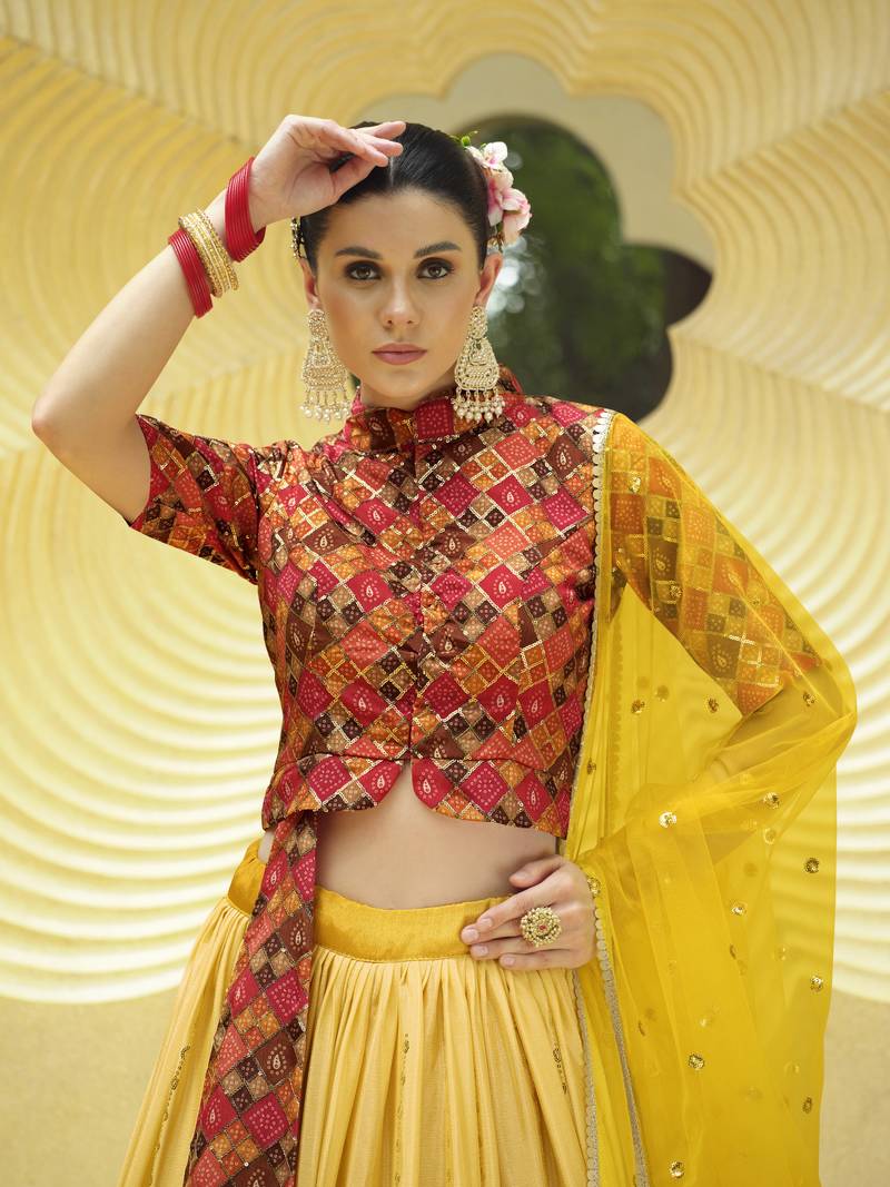 YELLOW PRINT WITH SEQUINS EMBROIDERED CHINON SILK FESTIVE BRIDAL WEDDING & PARTY WEAR SEMI STITCHED LEHENGA CHOLI