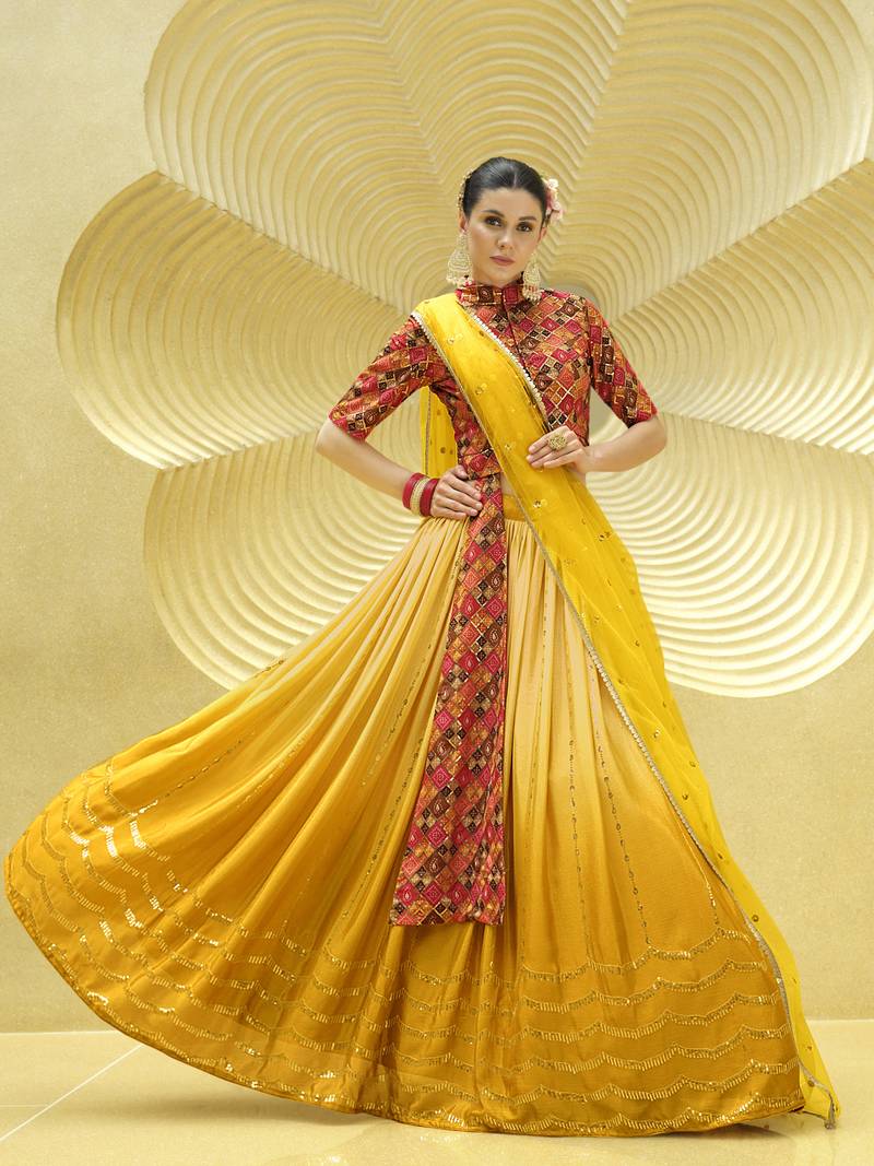 YELLOW PRINT WITH SEQUINS EMBROIDERED CHINON SILK FESTIVE BRIDAL WEDDING & PARTY WEAR SEMI STITCHED LEHENGA CHOLI