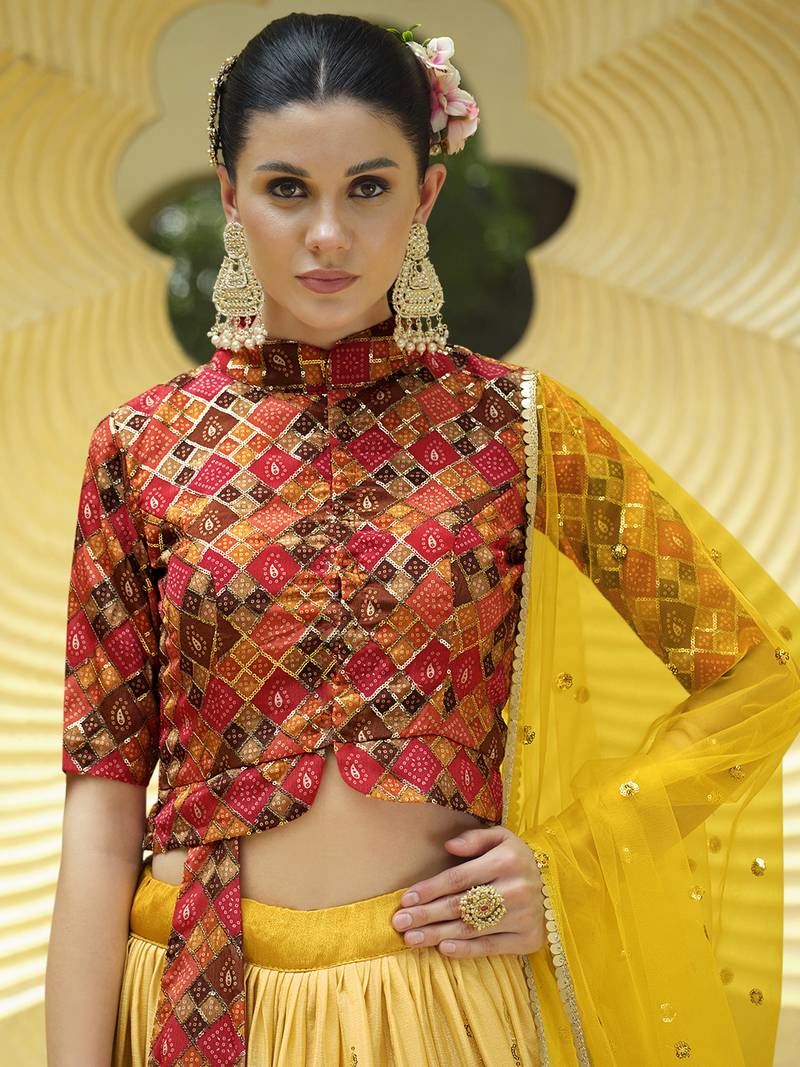 YELLOW PRINT WITH SEQUINS EMBROIDERED CHINON SILK FESTIVE BRIDAL WEDDING & PARTY WEAR SEMI STITCHED LEHENGA CHOLI