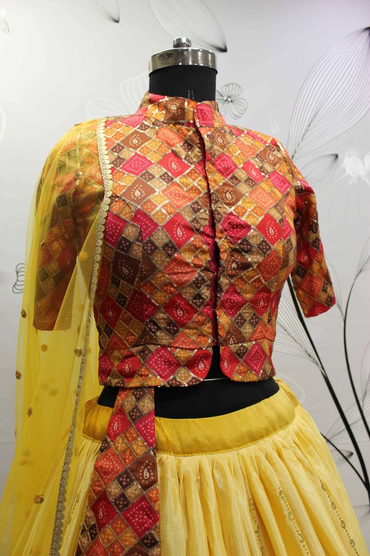 YELLOW PRINT WITH SEQUINS EMBROIDERED CHINON SILK FESTIVE BRIDAL WEDDING & PARTY WEAR SEMI STITCHED LEHENGA CHOLI