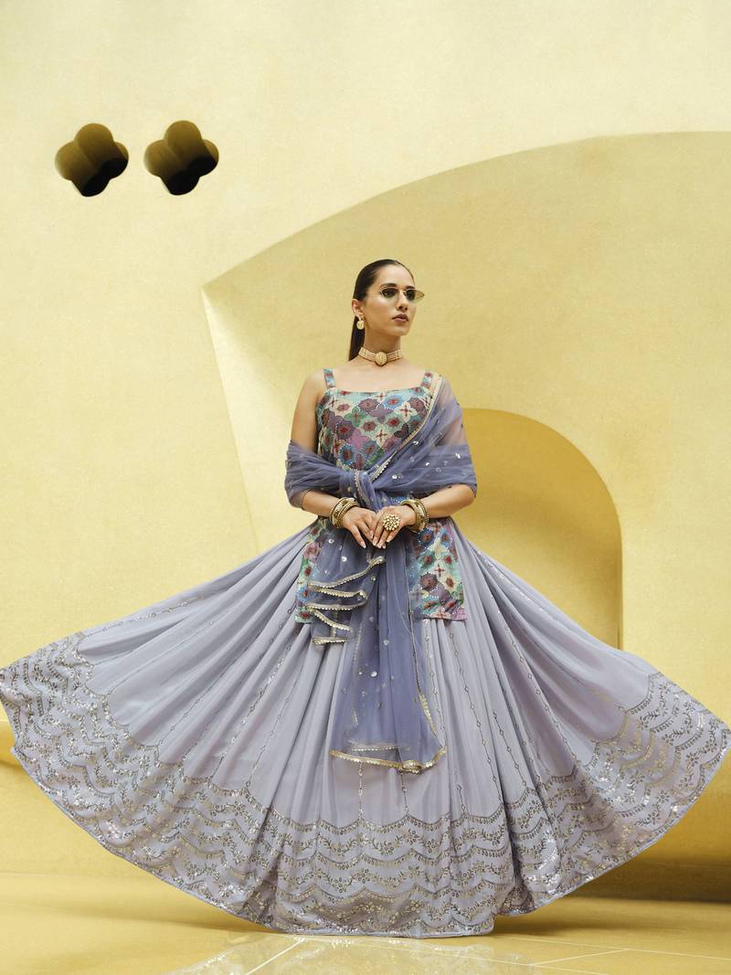 LAVENDER PRINT WITH SEQUINS EMBROIDERED CHINON SILK FESTIVE BRIDAL WEDDING & PARTY WEAR SEMI STITCHED LEHENGA CHOLI