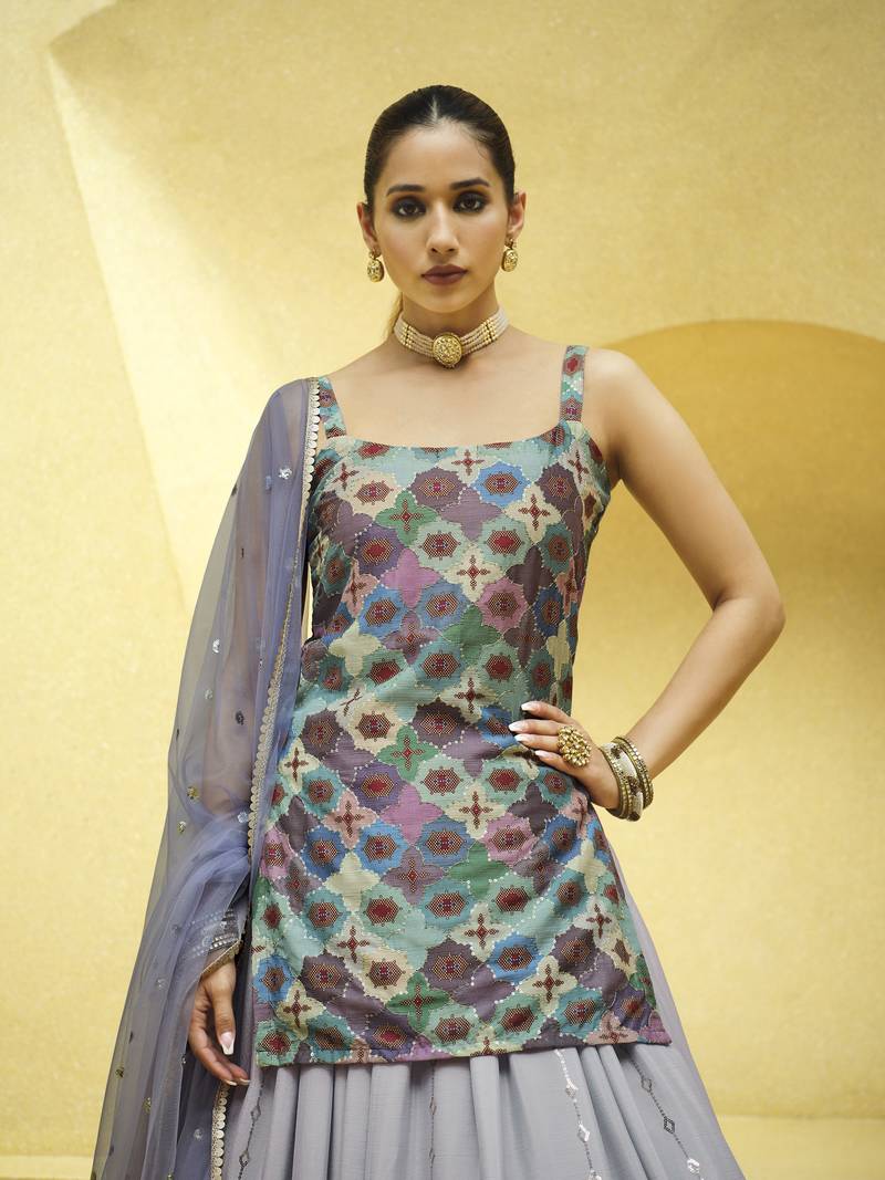 LAVENDER PRINT WITH SEQUINS EMBROIDERED CHINON SILK FESTIVE BRIDAL WEDDING & PARTY WEAR SEMI STITCHED LEHENGA CHOLI