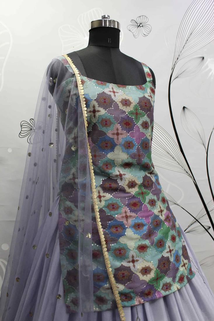 LAVENDER PRINT WITH SEQUINS EMBROIDERED CHINON SILK FESTIVE BRIDAL WEDDING & PARTY WEAR SEMI STITCHED LEHENGA CHOLI
